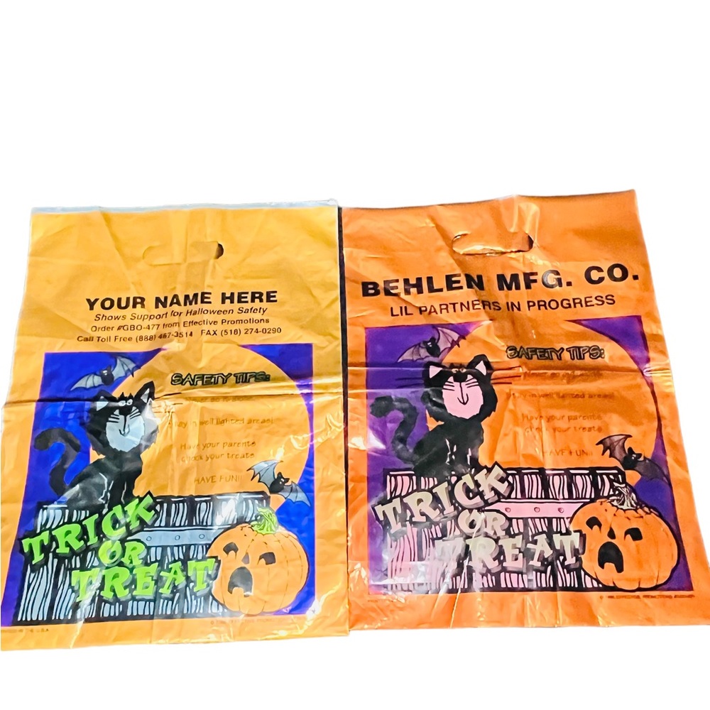 VTG 1996 Trick Or Treat Safety Bags Lot Of 2 Orange Black Cat Holographic